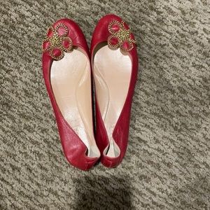 Red leather and gold flower flats